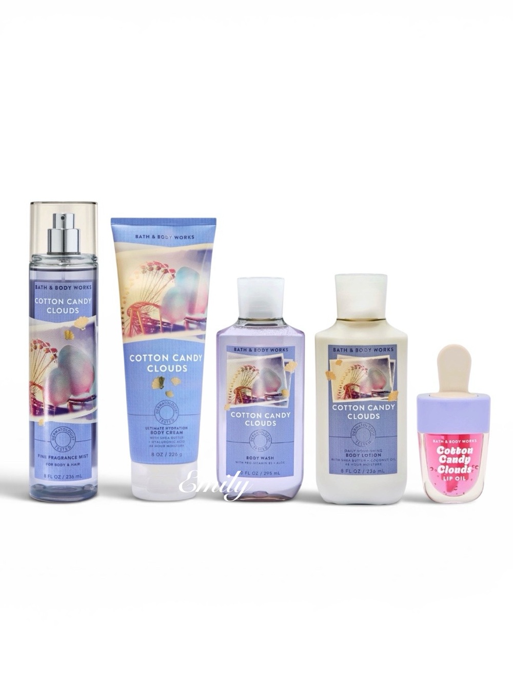 Bath & Body Works COTTON CANDY CLOUDS 5PC Body Care with Lip Oil Bundle Set
